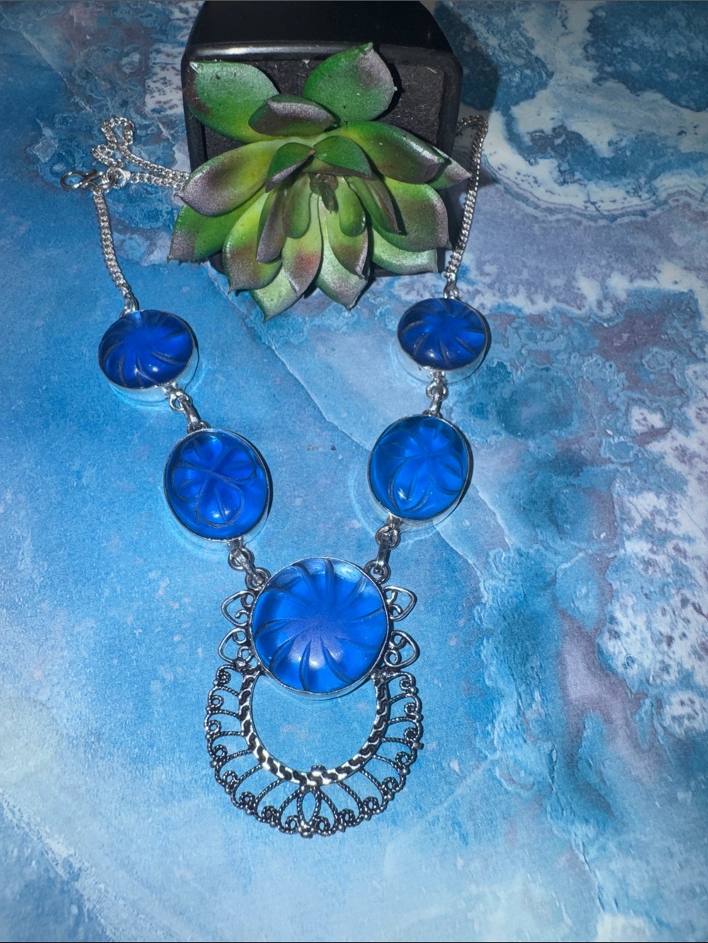Blue Carved Chalcedony Necklace
